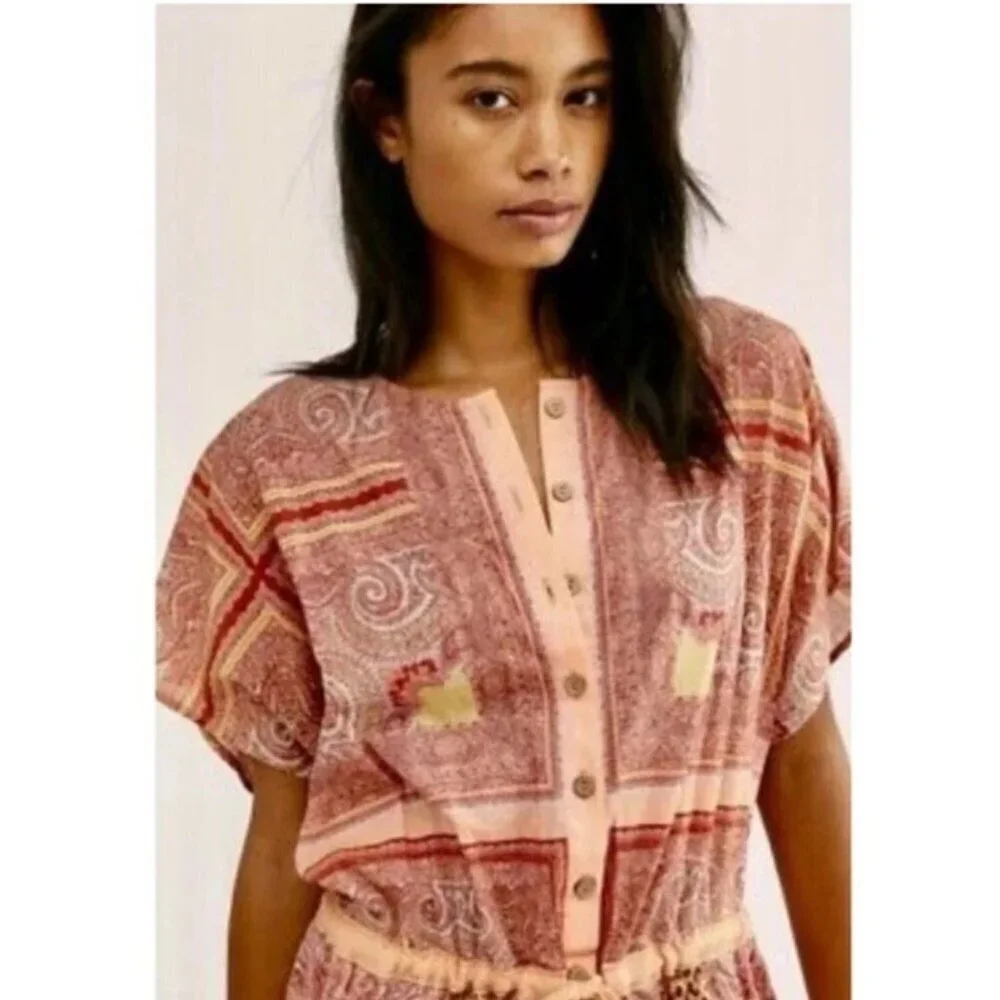 Free People Intimately Paisley Leopard Print Short Sleeve Romper - 37618